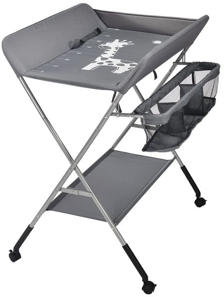 Supfine Wickeltisch Klappbar für Neugeborene mit Aufbewahrungskorb und Sicherheitsgurt - Tragbarer Wickeltisch auf Rollen, Höhenverstellbar in 3 Positionen, Ergonomisch (Grau,B)