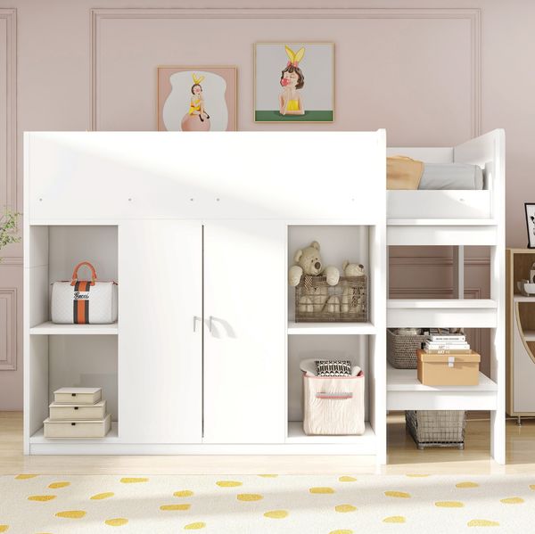 Bett 90x200 cm Hochbett mit Stauraum und Schrank – platzsparendes Kinderhochbett in Weiß/Grau