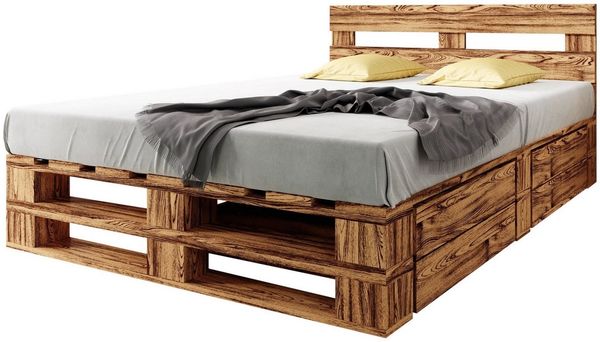 sunnypillow Palettenbett M2 aus Holz 140x200 cm mit Kopfteil und 2 Bettkästen. Doppelbett, Familienbett - erhöhtes Ehebett Bettgestell Futonbett Komforthöhe Geflammt Massivholzbett