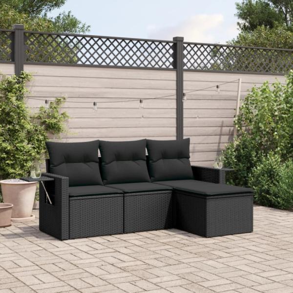 vidaXL 4-tlg. Garten-Sofagarnitur mit Kissen Schwarz Poly Rattan 3220064