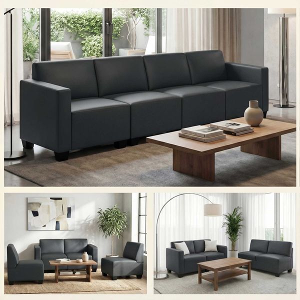Modular 4-Sitzer Sofa Couch Lyon, Kunstleder ~ dunkelgrau