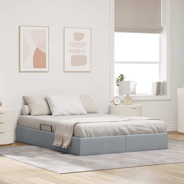 vidaXL Aufbewahrungsbett mit Kopfteil Hellgrau 135 x 190 cm Stoff 3370046