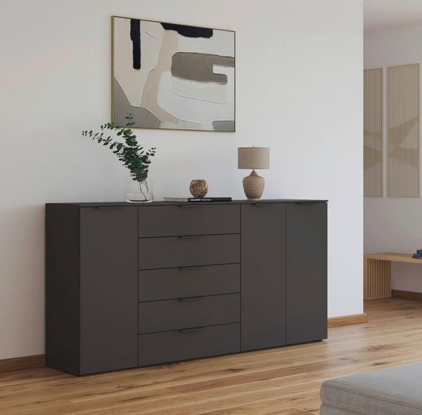 Rauch Möbel Flipp, Kombikommode, Kommode mit Stauraum für Wohnzimmer, Schlafzimmer, Flur, 4 Fachböden, Graphit, 3-türig, 5 Schubkästen, Griffe graphit, 199 x 100 x 42 cm Bild 2