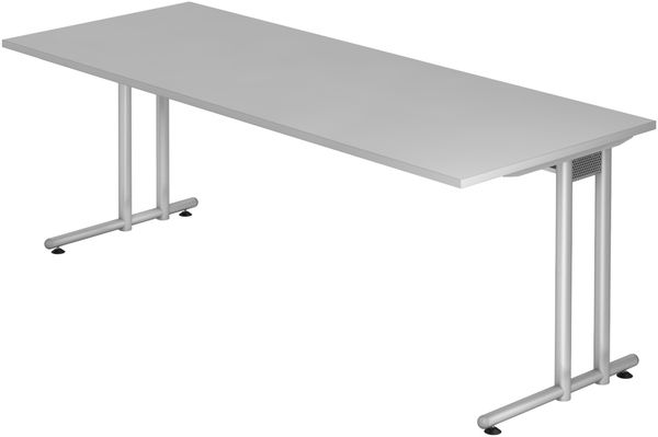 bümö Schreibtisch groß, N-Serie 200x80 cm, Tischplatte aus Holz in grau, Gestell aus Metall in Silber - PC Tisch, großer Computertisch für's Büro, Office Bürotisch, NS-20-5-S