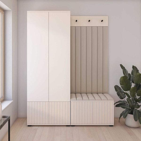 Garderoben-Set Ritmo version 1 – gefräste Kleiderschrank mit Polsterplatten, Schuhschrank, für Flur und Eingangsbereich (cashmere, Trinity 02), 185 x 40 x 140 cm