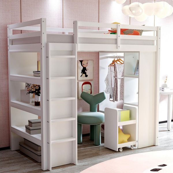 Flieks Hochbett Kinderbett 90x200cm mit Kleiderbügel, Regale und abnehmbarem Wagen