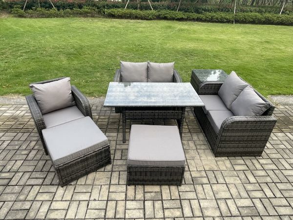 Fimous Rattan Garten Sofa Set Gartenmöbel Langer Rechteckiger Esstisch mit Sesseln 2 Großer Hockern Beistelltisch 7 Sitzer Dunkelgrau gemischt