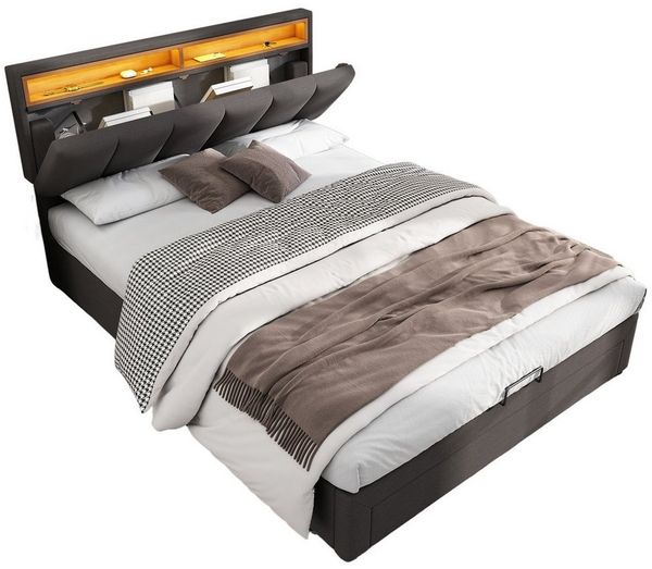 BlingBin Polsterbett Doppelbett mit LED-Beleuchtung Stauraumbett Jugendbett (1er Set, 1-tlg, Hydraulisch Stauraumbett mit Bettkasten, Schubladen und Staufächer), Verstaubares Kopfteil aus Schaum, Leinen,140*200 cm,grau
