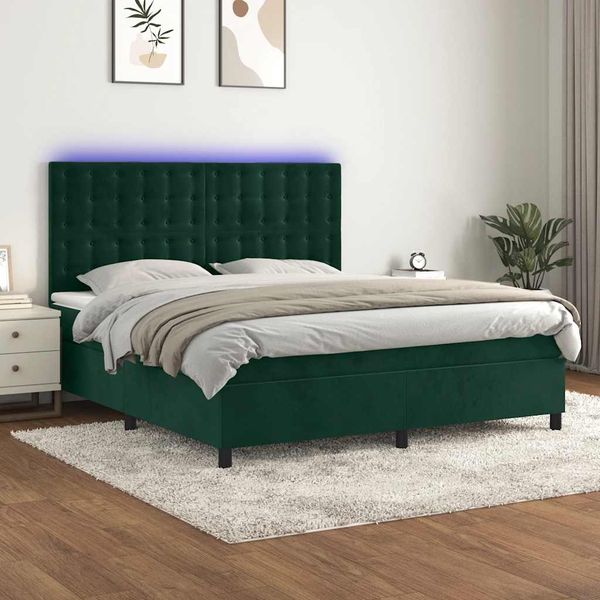 vidaXL Boxspringbett mit Matratze & LED Dunkelgrün 180x200 cm Samt 3136380