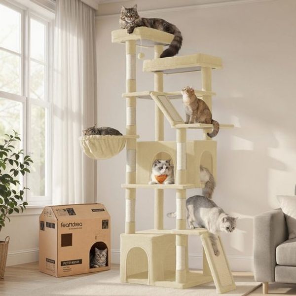 FEANDREA Kletterbaum für Katzen, extra groß, stabiler Katzenkratzbaum mit Kratzsäulen, Plüsch, für große Katzen, beige