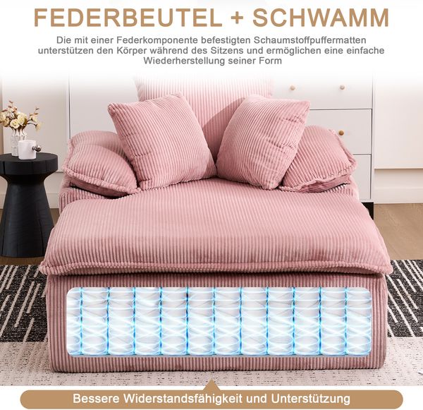 Großes Cord Sofa Cloud Form, rahmenloses Loungesofa,High-Density Schaum, kein Aufbau, 177x122cm,ergonomisch,weich,Rosa Bild 8