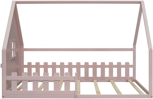 Kinderbett aus Kiefernholz mit Hausrahmen & Geländer, 140x200 cm, Rosa, ohne Matratze Bild 7