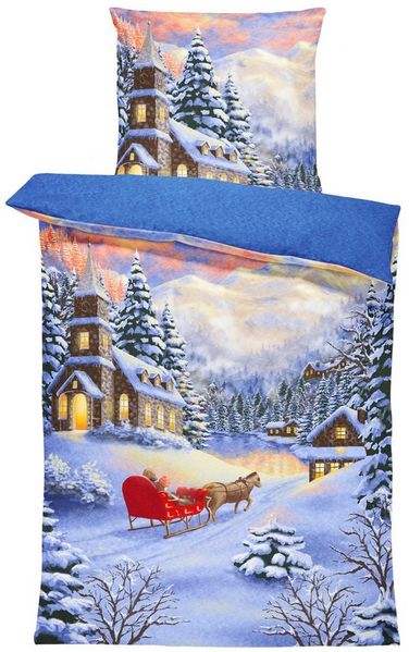 One Home Bettwäsche Bergsee Weihnachtsbettwäsche, Fleece, 2 teilig, Winterdorf und Weihnachten, kuschelig flauschig warm weich Winter