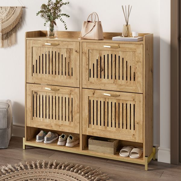 Schuhschrank 108,5 x 24 x 100 cm mit 4 Türen und Ablage – platzsparender Flurschrank aus MDF in Holzoptik