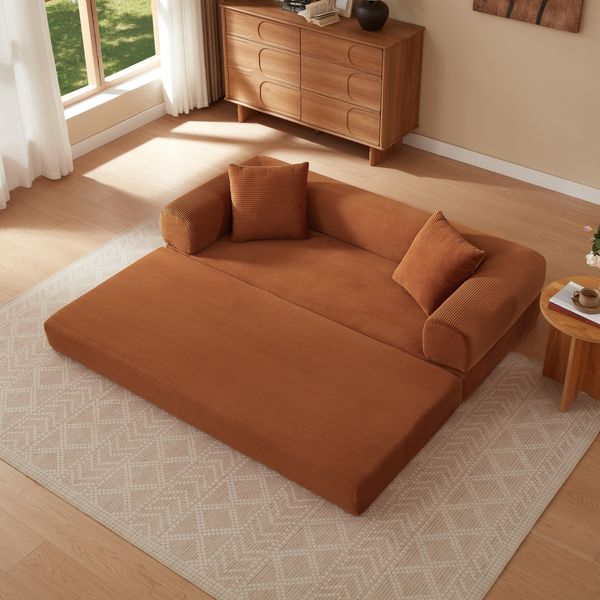LVHOM Schlafsofa 2 Sitzer mit 2 Kissen, Bodensofa mit schlaffunktion, Klappsofa aus Cord, kein Aufbau erforderlich, Orange