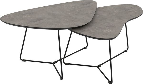 Hela Tische, Couchtisch 2er Set Pisa, Betonoptik dunkel mit Steinstruktur,Gestell Metall Rundrohr, Ø 87+83cm