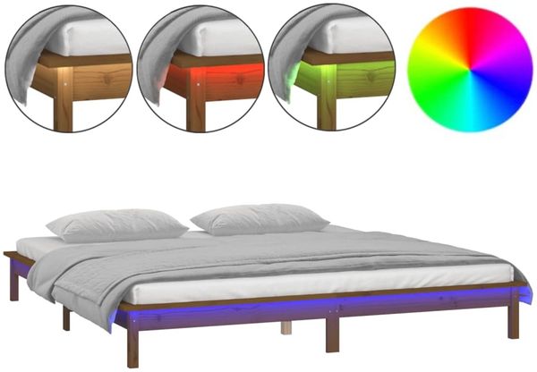 Doppelbett, Betten für Erwachsene, Massivholzbett mit LEDs Honigbraun 140x190 cm de1422