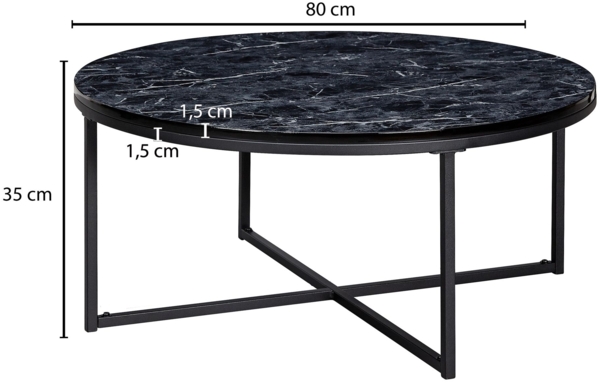 Couchtisch 80 x 36 x 80 cm mit Marmor Optik Schwarz, Wohnzimmertisch mit Metall-Gestell, Sofatisch Rund Tisch Wohnzimmer, Beistelltisch Bild 4