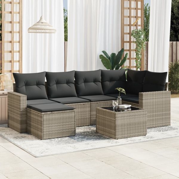 vidaXL 7-tlg. Garten-Sofagarnitur mit Kissen Hellgrau Poly Rattan 3251609