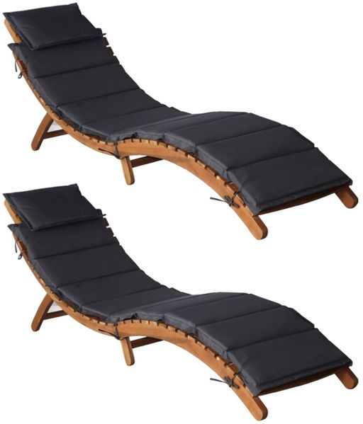 Sonnenliegen mit Auflagen 2 pcs, Gartenliege Dunkelgrau Massivholz Akazie