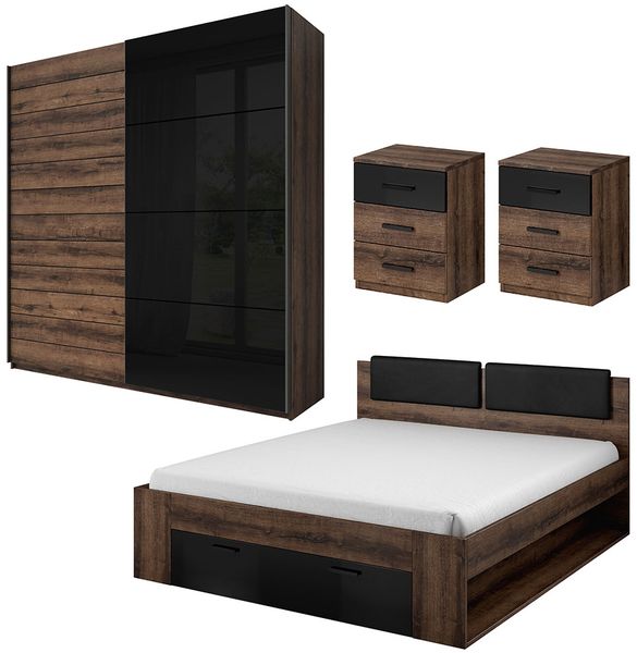 Schlafzimmer-Set ""Galaxy"" komplett 140x200cm monastery eiche - schwarz Hochglanz