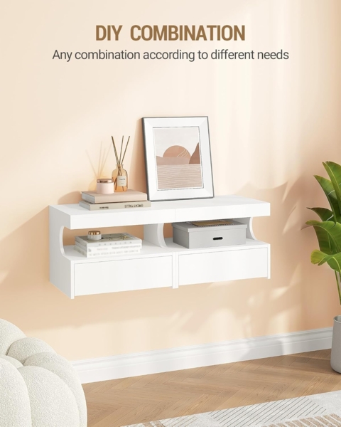 Nachttisch Hängend, Wandschublade Wandregal, 1 Schublade mit Schienen, Schwebendes Wandregal mit Offener Raum, Modern, für Schlafzimmer, Wohnzimmer, 30 x 40 x 29.2 cm Weiß