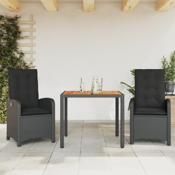 vidaXL 3-tlg. Garten-Essgruppe mit Kissen Schwarz Poly Rattan 3212230