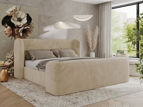 Polsterbett mit Lattenrost, Doppelbett für Schlafzimmer, Gepolstertes Kopfteil - EMORA CLASSIC DUO - 200 x 200 cm - Creme Stoff