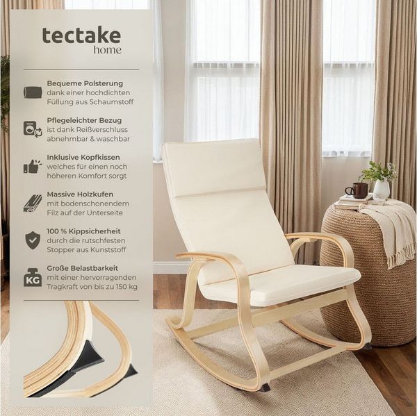 tectake Schaukelstuhl Roca (1er Set, 1 St), mit Armlehnen, Gestell aus Birkenholz