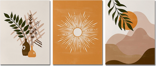 Poster Boho Abtrakt Sonne Berge und Pflanzen im Blumetopf als Deko Print ohne Rahmen - A / 15 x 20 cm