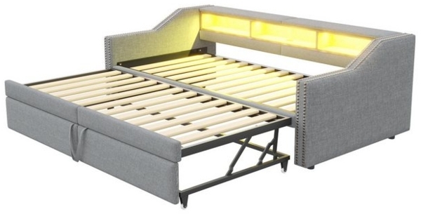 OKWISH Schlafsofa Polsterbett,mit USB-Anschluss, LED-Beleuchtung, Polsterbett 90/180x200 cm, ausziehbarem Bettgestell – Platzsparendes Gästebett, ohne Matratze Bild 4