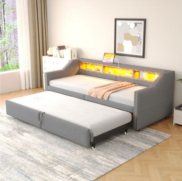 OKWISH Schlafsofa Polsterbett,mit USB-Anschluss, LED-Beleuchtung, Polsterbett 90/180x200 cm, ausziehbarem Bettgestell – Platzsparendes Gästebett, ohne Matratze Bild 2