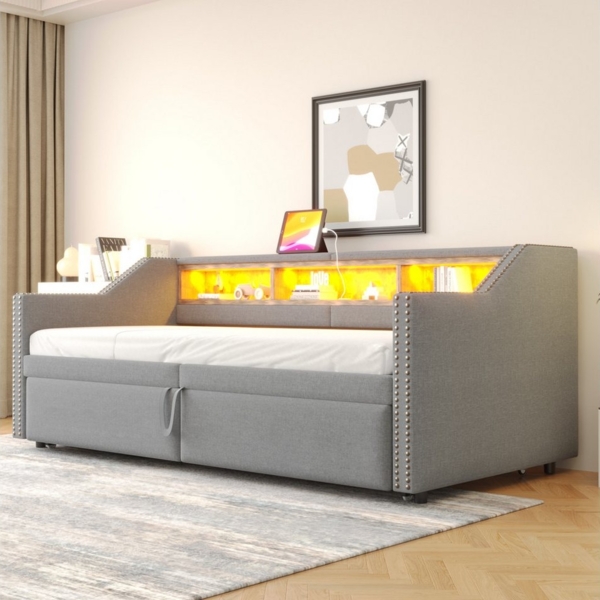OKWISH Schlafsofa Polsterbett,mit USB-Anschluss, LED-Beleuchtung, Polsterbett 90/180x200 cm, ausziehbarem Bettgestell – Platzsparendes Gästebett, ohne Matratze Bild 3