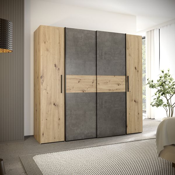Forte KALIXTUS Kleiderschrank 200, moderner Dreh-/Schwebetürenschrank, 4-türig, geräumig, Holzwerkstoff, Artisan Eiche Holzdekor/Betonoptik Grau, 200,1 cm breit x 190,5 cm hoch x 61,2 cm tief