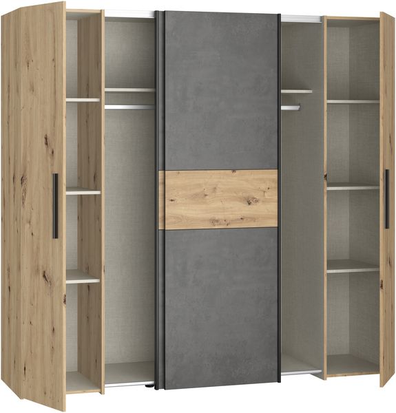 Forte KALIXTUS Kleiderschrank 200, moderner Dreh-/Schwebetürenschrank, 4-türig, geräumig, Holzwerkstoff, Artisan Eiche Holzdekor/Betonoptik Grau, 200,1 cm breit x 190,5 cm hoch x 61,2 cm tief Bild 5