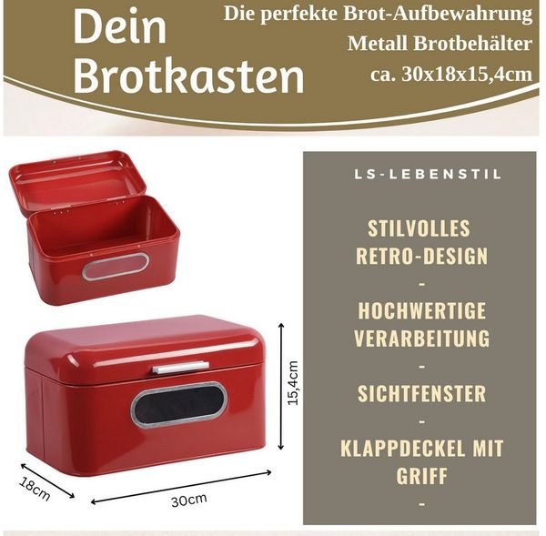 LS-LebenStil Brotkasten Vintage Brotbox 30cm Metall mit Deckel Retro Brot Aufbewahrung, Metall, (Klapp-Deckel Küche Aufbewahrungskorb mit Holz Griff, 1-tlg, Aufbewahrungsbox Nostalgie Brotkorb zum Frischhalten)