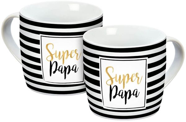 Geda Labels GmbH Tasse Super Papa Streifen, 1-tlg, Porzellan, Schwarz, 300 ml, spülmaschinengeeignet
