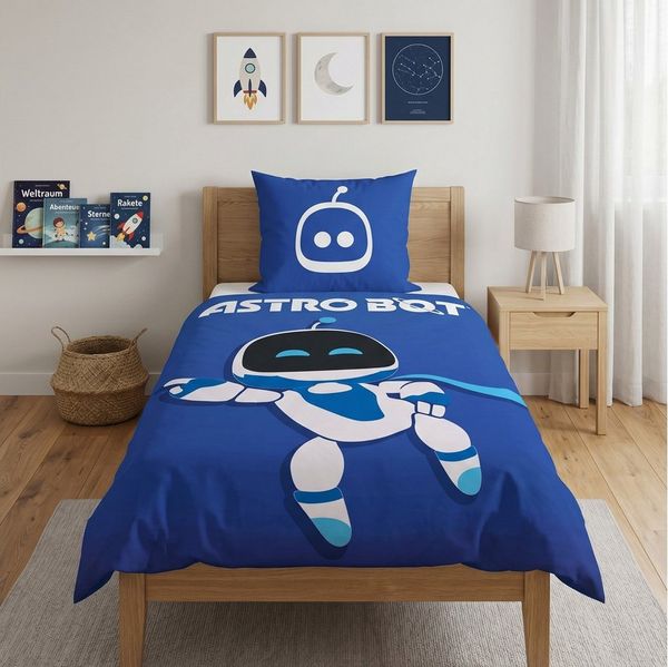 MTOnlinehandel Bettwäsche 135x200 Astro Bot, Geschenk für Gamer, Mikrofaser, 2 teilig, Wendebettwäsche in Blau/ Weiß, Playstation