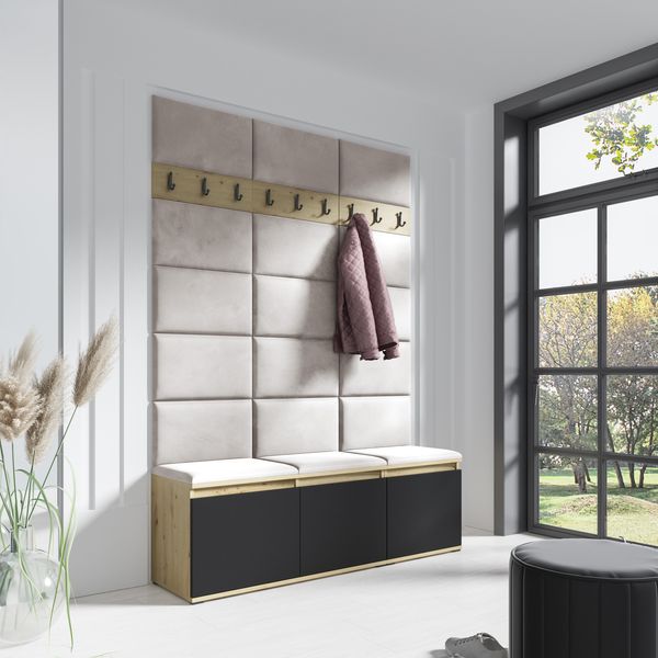 Garderoben-Set LEON mit Schuhregal und Polsterplatten, Ideal für Flur und Eingangsbereich (Artisan/Schwarz, Trinity 01), 215 x 40 x 150 cm