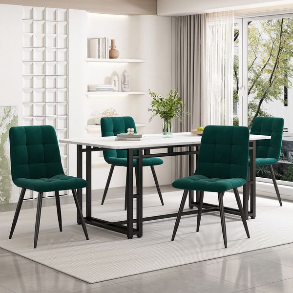 Essgruppe mit MDF-Tisch & 4 Samtstühlen, Tischbreite 140 cm, Grün/Schwarz