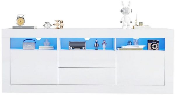 Sweiko Lowboard Hochglanz-TV-Schrank Fernsehtisch TV-Board (TV-Ständer für 70-Zoll-Fernseher 3 offenen Fächern, 2 Türen, 2 Schubladen, Smart App Steuerung 160*35*60cm)