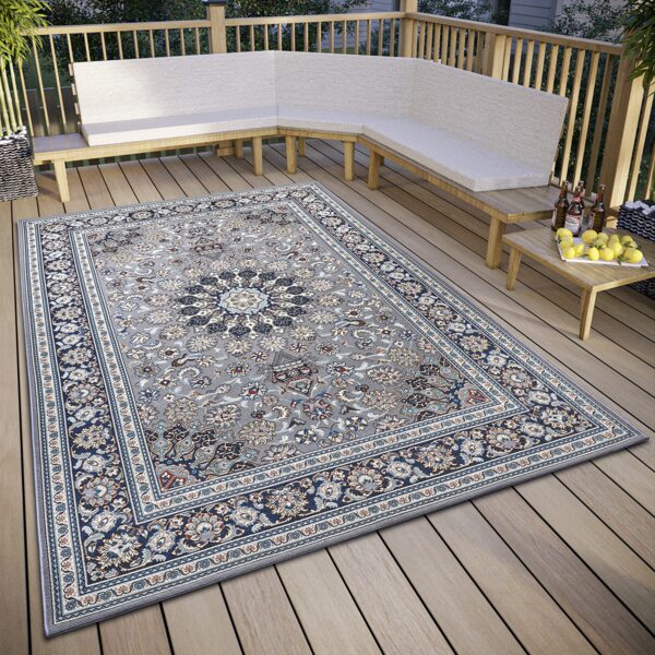 Hanse Home Kadi In- & Outdoor Teppich Orientalisch – Orient Flachgewebe, Orientalisches Design Klassisch, ÖKO-TEX Wetterfest & UV-beständig für Balkon, Terrasse, Garten – Grau Blau, 80x165 cm