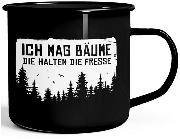 MoonWorks Tasse Emaille-Tasse mit Spruch Ich mag Bäume Outdoor Wander Motiv, Metall, emailliert und mit Aufdruck