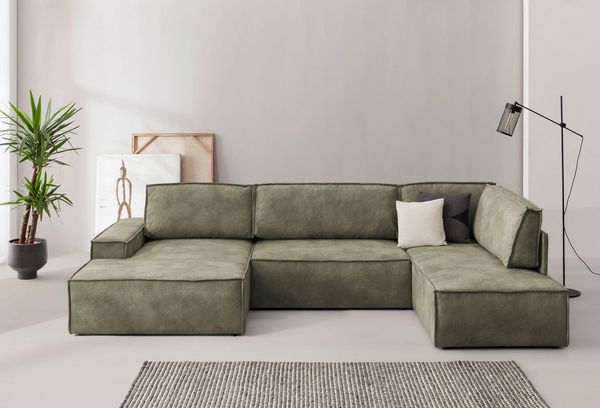 Home affaire Wohnlandschaft SHERWOOD XXL 329 cm, U-Form, Schlafsofa, Schlaffunktion m. Bettkasten (194x139 cm), Cord, Vintage, Samtvelours