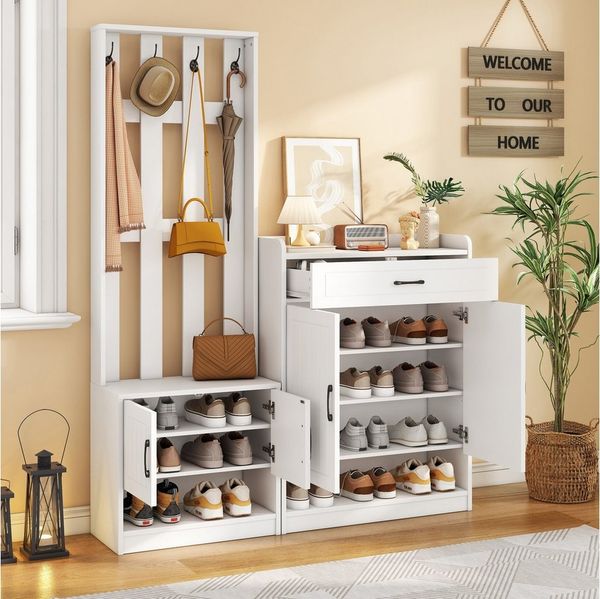 OKWISH Garderoben-Set 140x180x30,5 cm mit Schuhbank & Haken – Weiß matt, (Wandhängeschrank, Flurtrockenständer, Kleiderschrank, 1-St, Inklusive Trockenständer & Schuhwechsler-Set), Flurpaneel + Schuhschränke, praktische Flurmöbel
