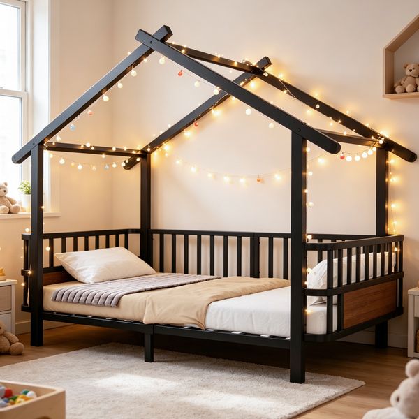 Merax Kinderbett aus Metall in Hausform, 90 x 200 cm, mit Sicherheitsgitter, Dachdesign und dekorativem Rahmen, für Jungen und Mädchen(Lichtleiste nicht enthalten), Schwarz