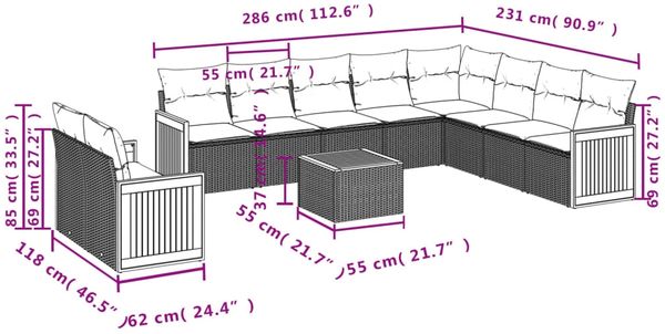 vidaXL 11-tlg. Garten-Sofagarnitur mit Kissen Grau Poly Rattan 3227803 Bild 8