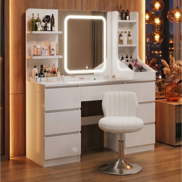 HOMALL Schminktisch Set aus Schminktisch und Hocker, mit LED-Beleuchtung (Maße: 110 x 40 x 139 cm, dimmbare Beleuchtung, inklusive Hocker und Schminktisch, mit 7 Schubladen und 8 offenen Fächern)