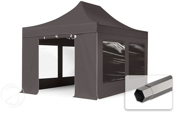 3x4,5 m Faltpavillon, PREMIUM Stahl 40mm, Seitenteile mit Panoramafenstern, dunkelgrau