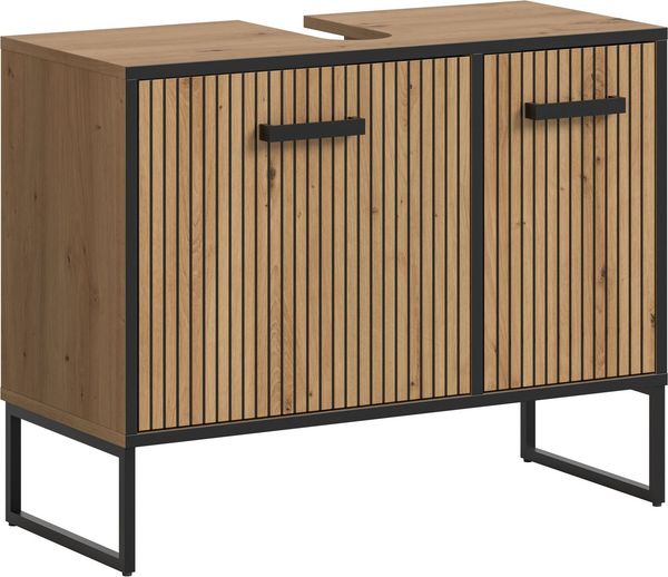 welltime Waschbeckenunterschrank LOCRI, Höhe 63 cm, 2 Türen, 2 Einlegeböden, mit Siphonausschnitt (1-St, industrial Look mit Rillenoptik & Metall Kufen) Badmöbel, Badschrank, Badkommode, Kommode, Schrank, Bad, Badezimmer